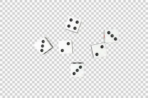 Six White Dice Scattered in Mid-Air, Isolated on Transparent PNG Stock Photos
