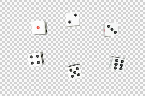 Six White Dice Scattered in Mid-Air, Isolated on Transparent PNG Stock Photos