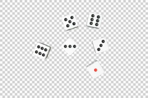 Six White Dice Scattered in Mid-Air, Isolated on Transparent PNG Stock Photos