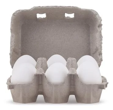 Six white eggs in box cardboard, isolated on white background. Template for.. Stock Illustration
