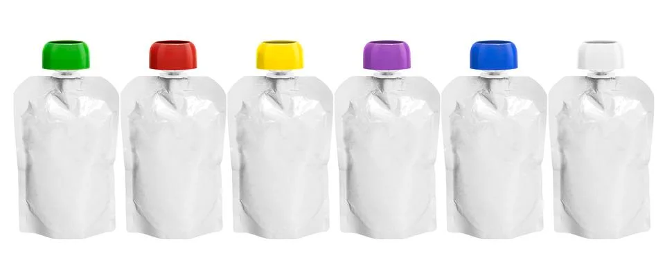 Six White empty plastic doy pack with spout and round colored lid stand in li Stock Photos