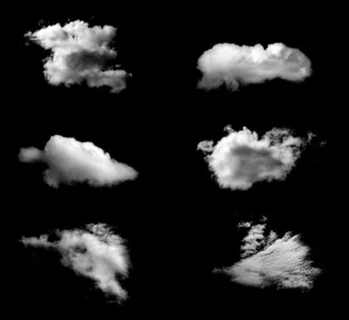 Six white natural clouds isolated on a black background. Stockillustratie