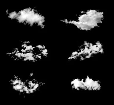 Six white natural clouds isolated on a black background. Stock Illustration
