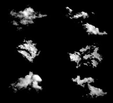 Six white natural clouds isolated on a black background. Illustrazione stock
