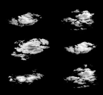 Six white natural clouds isolated on a black background. 库存插图
