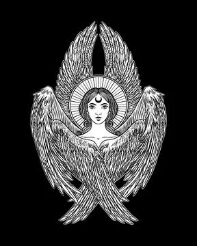 Six winged angel with crescent moon halo  Seraphim on black background Stock Illustration
