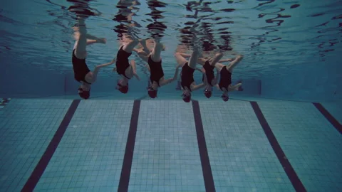 Six women in the pool lined up Stock Footage 283101638