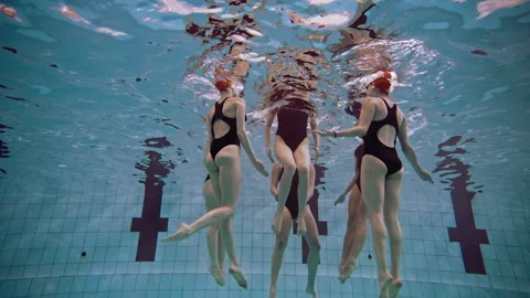 Six Women in the pool practicing Synchronized Swimming Stock Footage 283102293