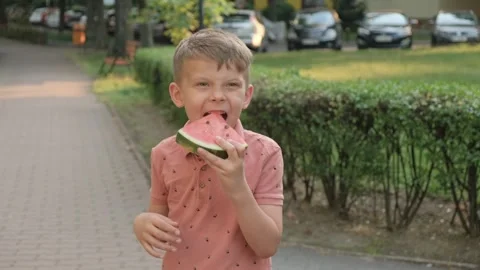 A six-year-old boy walks through the city and eats a watermelon. Smiling child Stock Footage 244459965