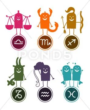 Six zodiac cartoon signs Stock Illustration