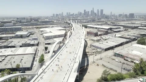 Sixth Street Viaduct, Rail Yard and Downtown LA, 4K Stock Footage 201043203