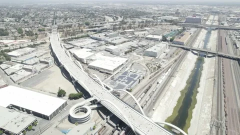 Sixth Street Viaduct, Rail Yard and River Overview, 4K Stock Footage 201045557