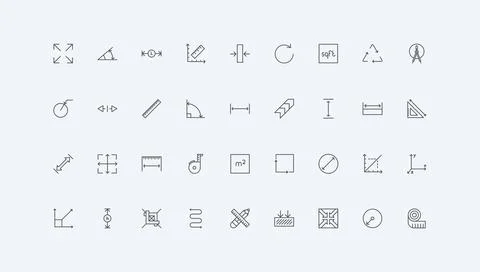 Size and distance, length and width, depth measure, scaling arrows line icon set Stock Illustration