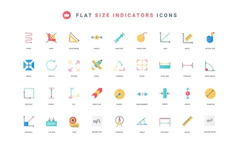 Size, dimension arrows and instruments to measure length, height, pointers flat Stock Illustration