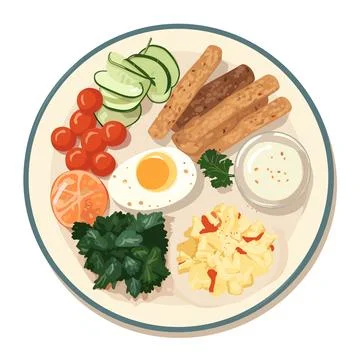 Sizzling Breakfast Delight: Fried Egg with Sausages and Fresh Vegetables Stock Illustration