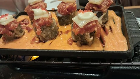 Sizzling Gourmet Meat Rolls Video stock 335206261