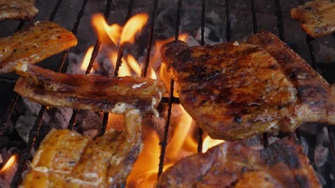 Sizzling Grilled Meat Over Open Flame Cooking Stockbeeldmateriaal 308885246