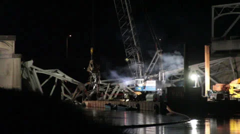Skagit River Bridge Collapse Crane and Barge Stock Footage 24494138