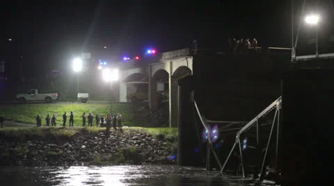 Skagit River Bridge Collapse Emergency Responders, Fallen Span Stock Footage 24249300