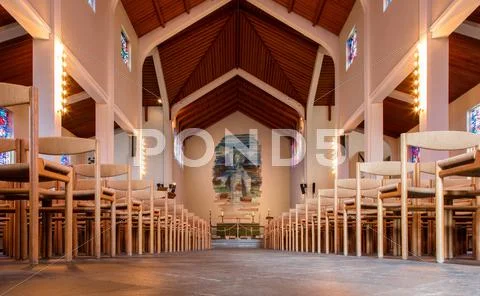SKALHOLT, ICELAND - JULY 25: Interior of the modern Skalholt cathedral. It wa Stock Photos