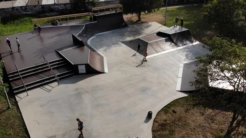 Skate park top view in summer. Young people activity. Stock Footage 100613695