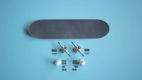 Skateboard assembly process. Elements of the board combining in order. Render 4k Stock Footage 119976856