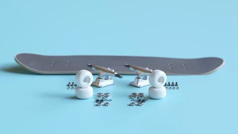 Skateboard assembly process. Elements of the board combining in order. Render 4k Stock Footage 119977033