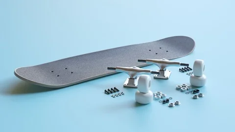 Skateboard assembly process. Elements of the board combining in order. Render 4k Stock Footage 119977147