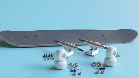 Skateboard assembly process. Elements of the board combining in order. Render 4k Stock Footage 119977305