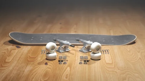 Skateboard assembly process. Elements of the board combining in order. Render 4k Stock Footage 119977453