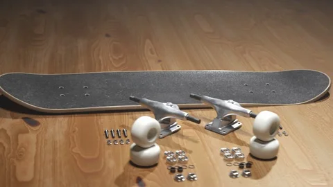 Skateboard assembly process. Elements of the board combining in order. Render 4k Vidéo 119977464