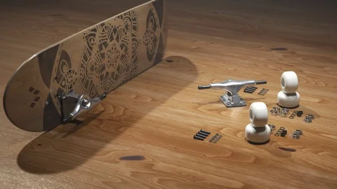 Skateboard assembly process. Elements of the board combining in order. Render 4k Stock Footage 119977800