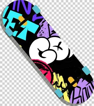 Skateboard deck is floating in digital render with graffiti, trucks, wheels on Stock Illustration