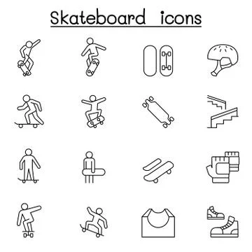 Skateboard icon set in thin line style 스톡 일러스트