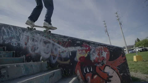 Skateboard ledge grind down stairs Stock Footage 204929080