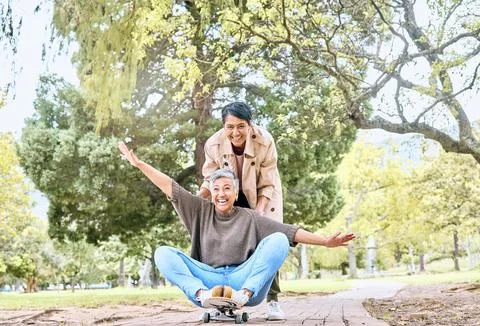 Skateboard, portrait and senior friends in park for goofy, silly and comic Stock Photos