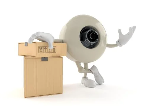 Skateboard wheel character with stack of boxes Stock Illustration