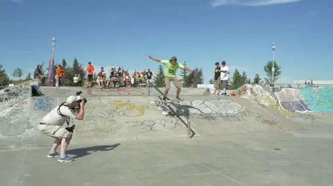 Skateboarder grinds rail. Stock Footage 53463316