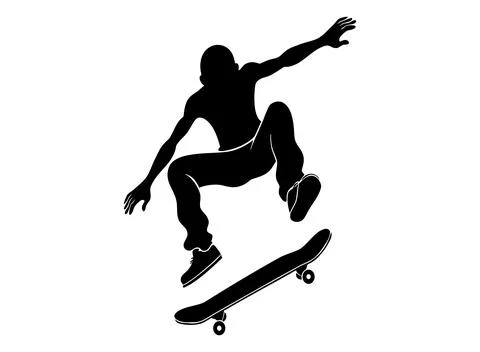 Skateboarder silhouette performing high jump trick in mid air view. 스톡 일러스트