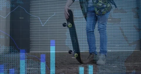 Skateboarder tapping foot by shutter, initiating data charts while lifting board 스톡 동영상 328233671