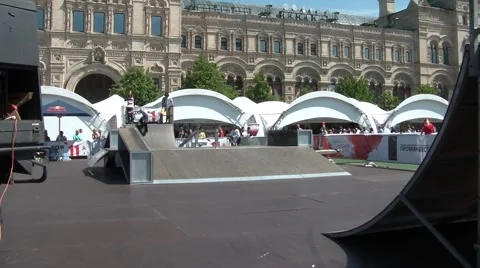 Skateboarders In Red Square Stock Footage 6107005
