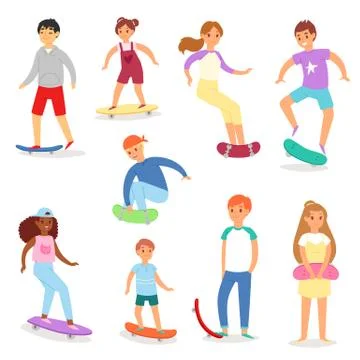 Skateboarders vector young boy or girl characters skateboarding on skateboard Stock Illustration