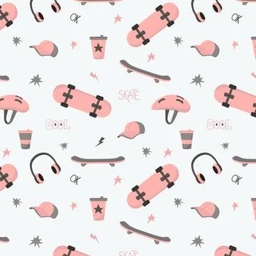 Skateboarding elements vector seamless pattern, with flat pink skateboard, ca Stock Illustration