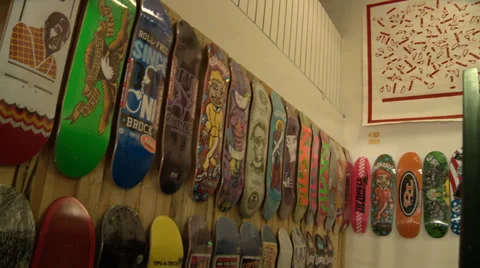Skateboards on a wall Stock Footage 27348473