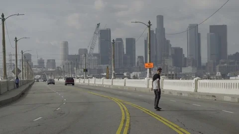 Skater Into Downtown LA Stock Footage 73672423