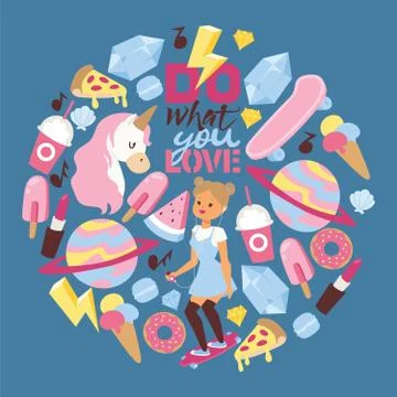 Skater vector pattern skating girl character and girlish accessories lipstick Stock Illustration