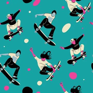 Skater Youth Seamless Pattern with Dynamic Skateboarders Doing Tricks and J.. Stock Illustration