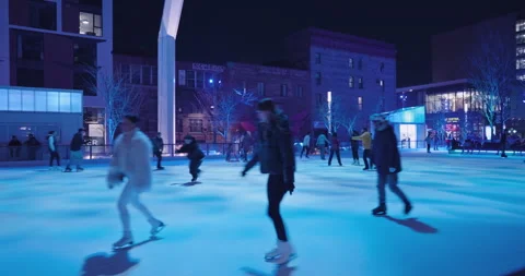 Skaters Share A Blue Light Night At Esplanade Tranquille In Montreal Stock Footage 334144219