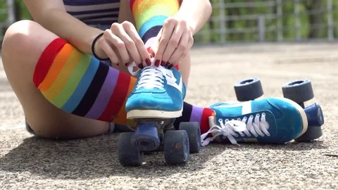 Skates with Rainbow Socks Stock Footage 77491380