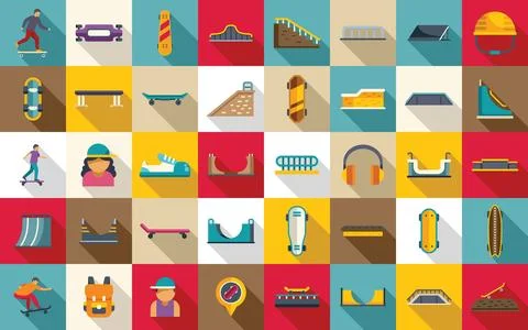 Skating park icons set flat vector. Skate roller stunt Stock Illustration
